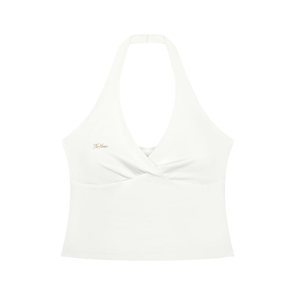 NO NOISE Muse Ruched Halter Top — Chalk, white, front view showing crossover neckline and gathered bust.