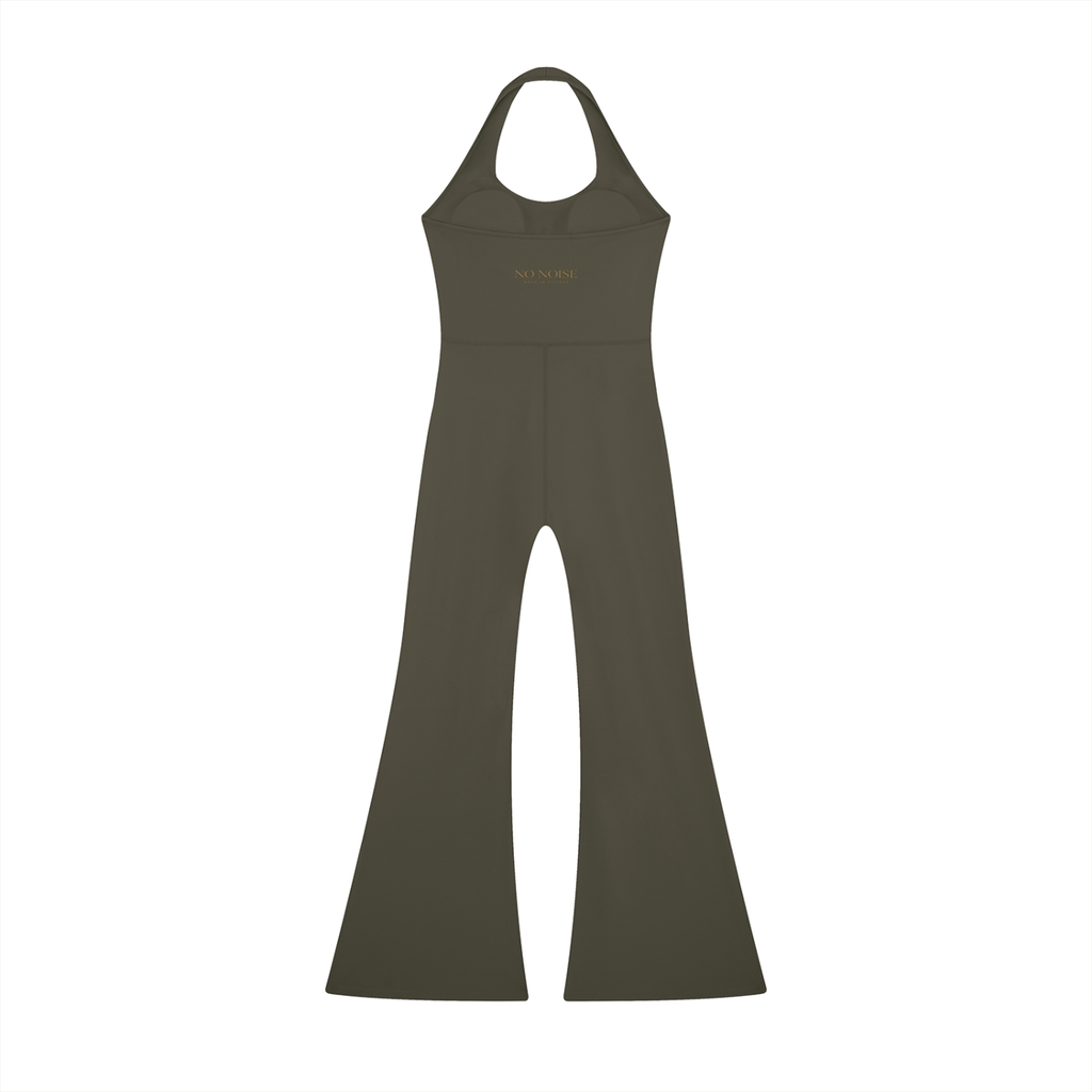 NO NOISE™ Motion Halter Jumpsuit — Army Green in army green — four-way stretch performance fabric, fitted fit — back view