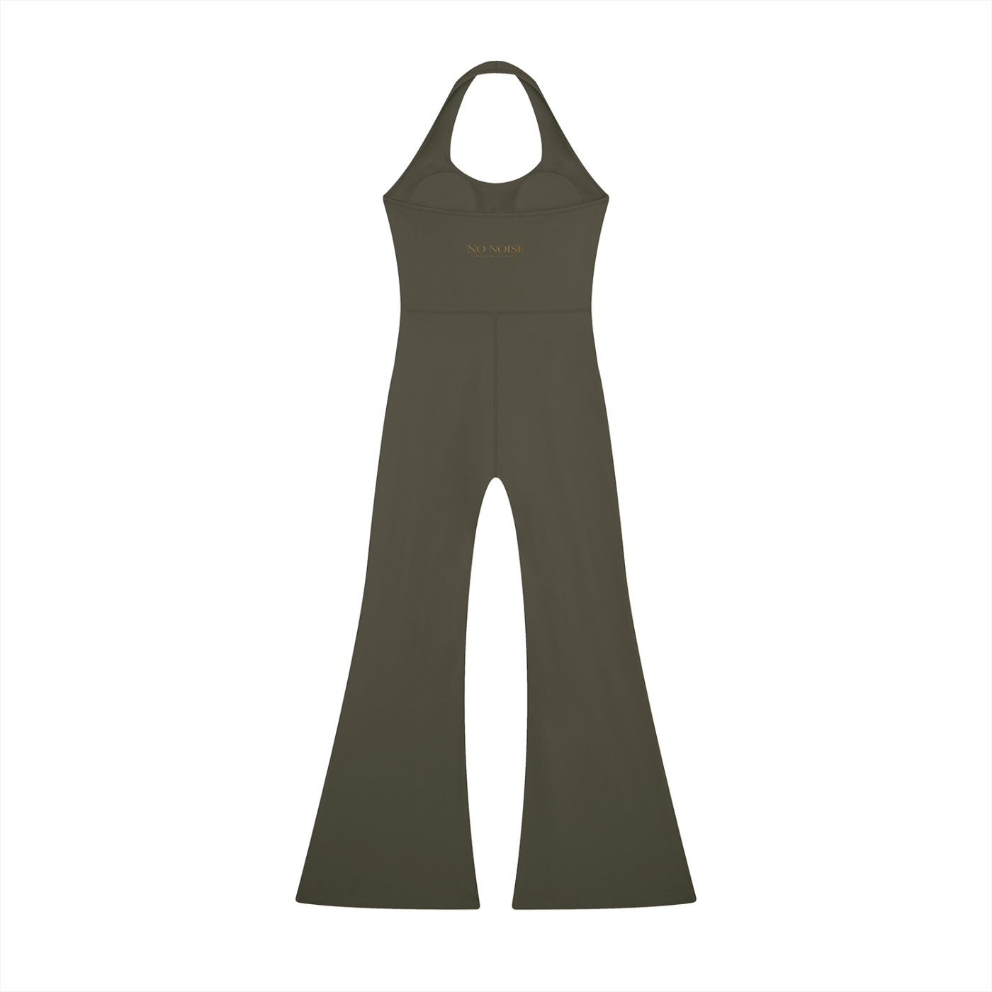 NO NOISE™ Motion Halter Jumpsuit — Army Green in army green — four-way stretch performance fabric, fitted fit — back view