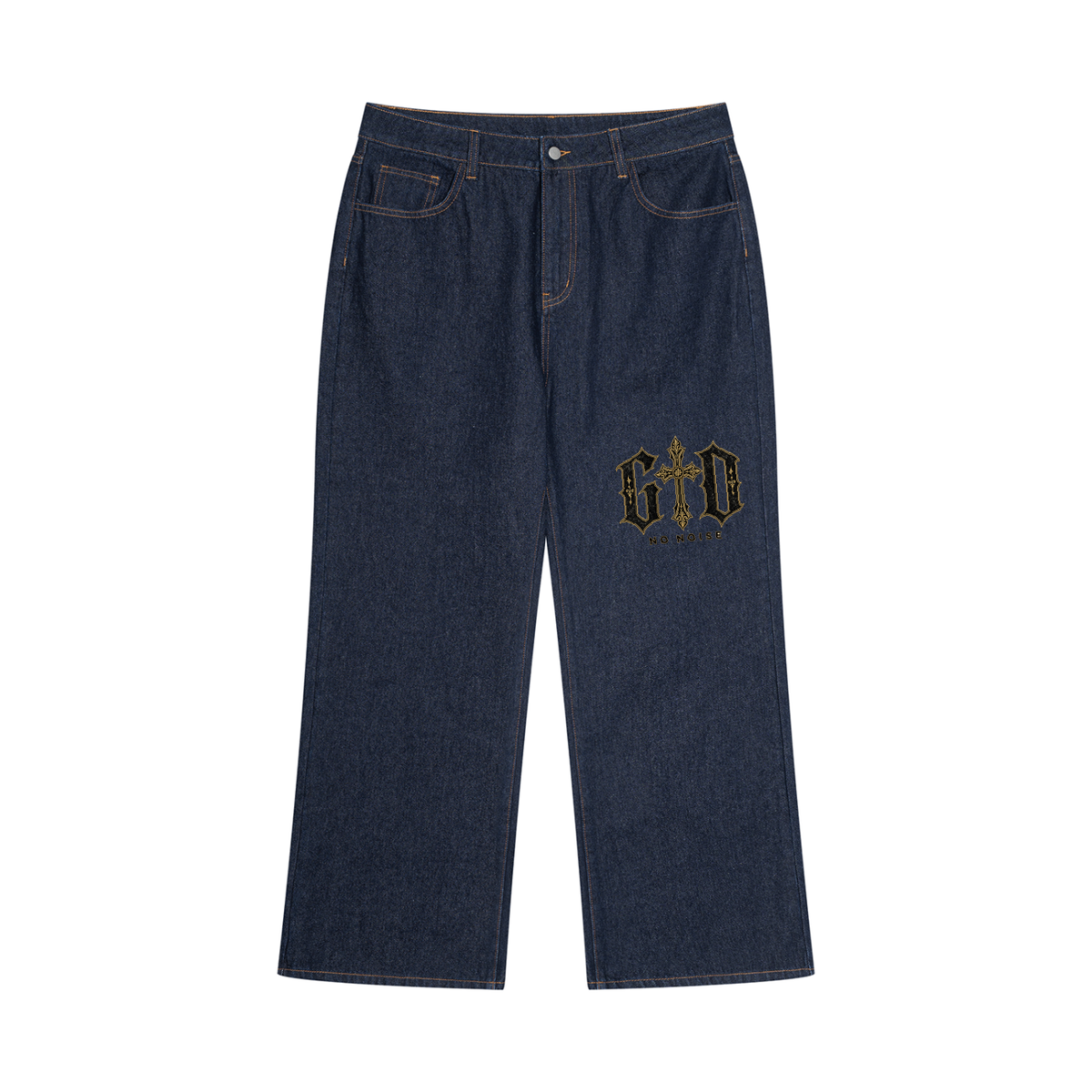GOD Reverence wide-leg jeans in dark blue denim, front view with black-and-gold cross artwork