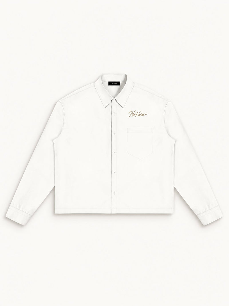 NO NOISE Signature Shirt — White, front flat view.