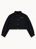 NO NOISE™ HER Crop Denim Jacket, front view with lapel collar and button front.