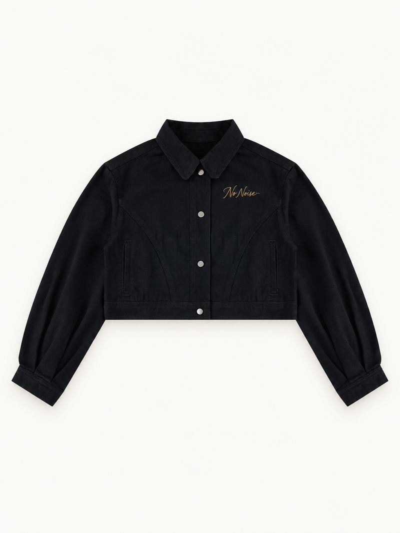 NO NOISE™ HER Crop Denim Jacket, front view with lapel collar and button front.