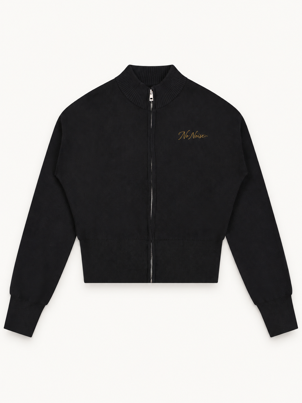 NO NOISE Mock-Neck Zip Cardigan — Onyx, front view with antique-gold chest script and full zip.
