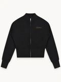 NO NOISE Mock-Neck Zip Cardigan — Onyx, front view with antique-gold chest script and full zip.