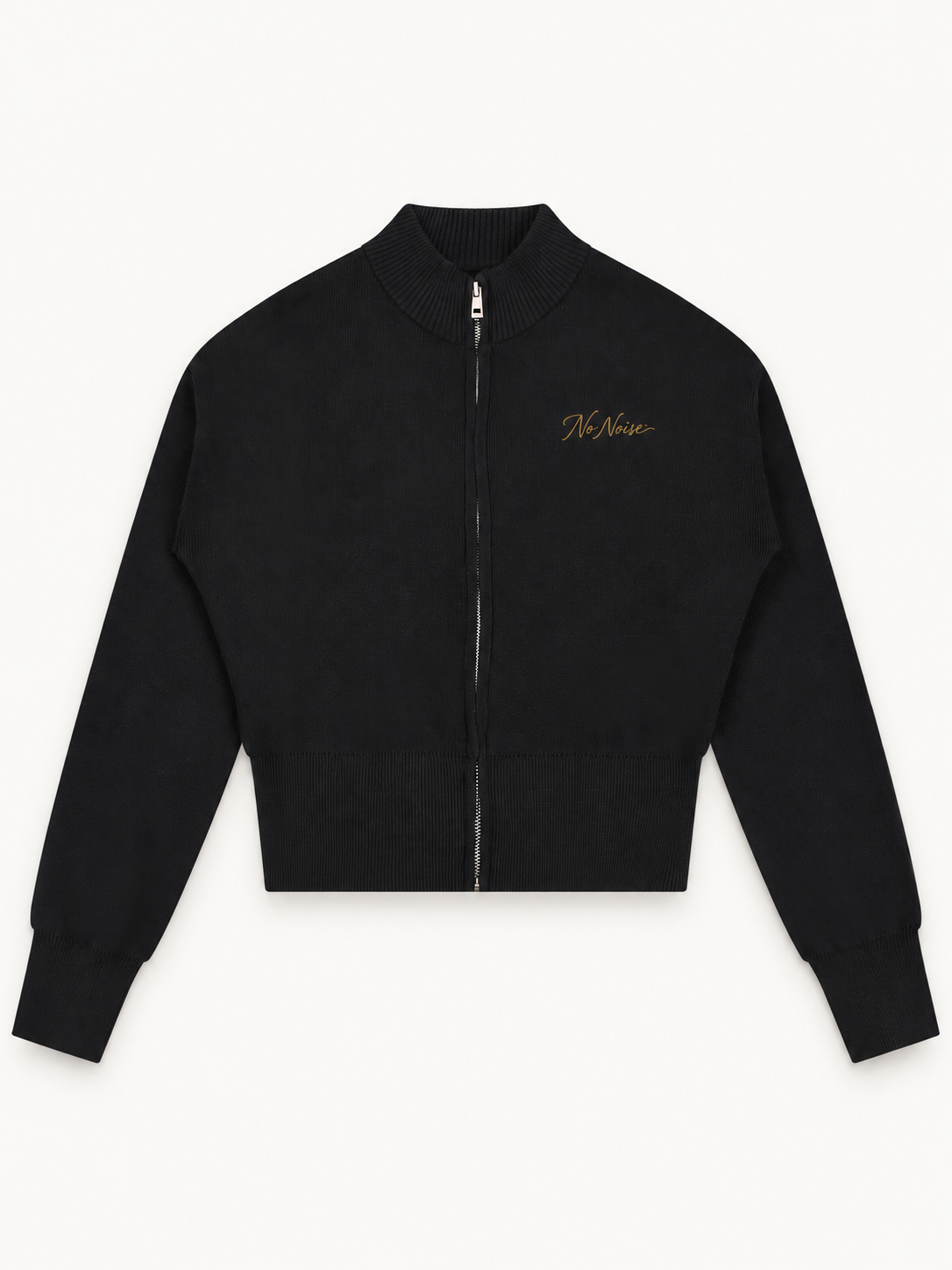 NO NOISE Mock-Neck Zip Cardigan — Onyx, front view with antique-gold chest script and full zip.