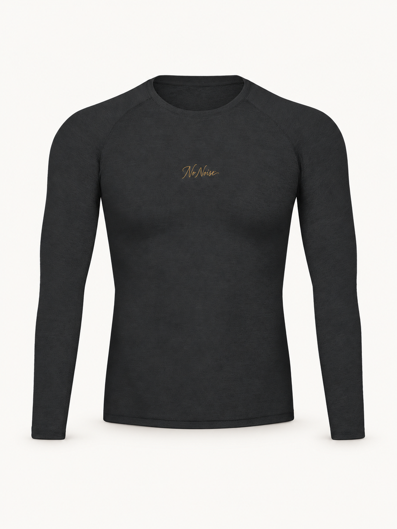 NO NOISE Essential Performance Long Sleeve, black, front view showing long sleeves and gold chest script.