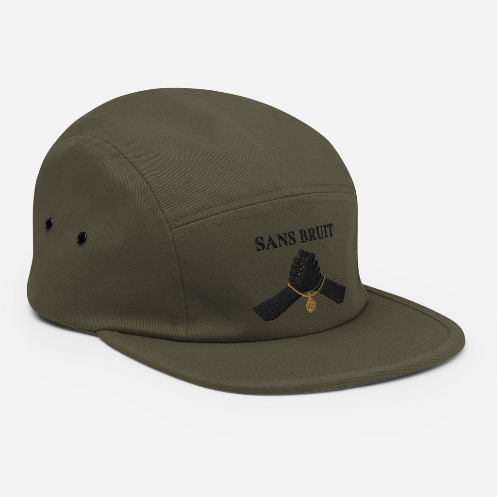 NO NOISE™ SILENT PACT FIVE-PANEL CAP — OLIVE — right-front view