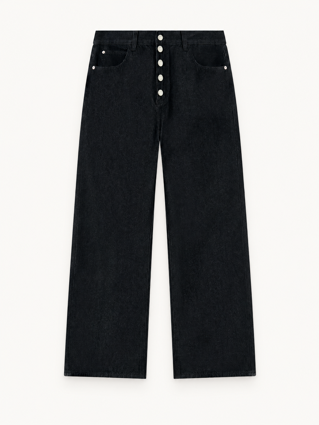 Black wide-leg denim jeans, front view showing exposed silver-tone buttons and riveted pockets