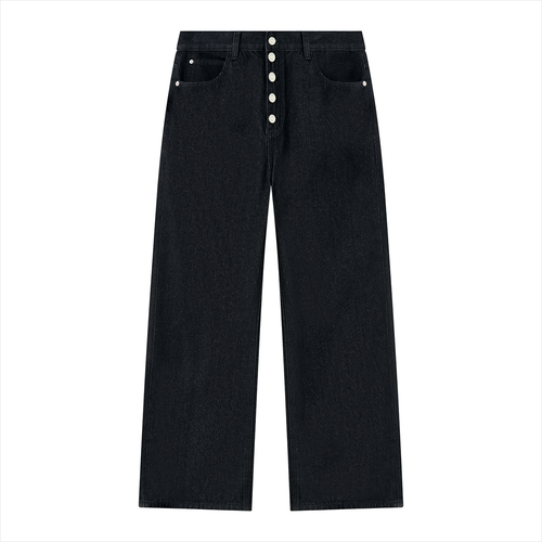 Black wide-leg denim jeans, front view showing exposed silver-tone buttons and riveted pockets