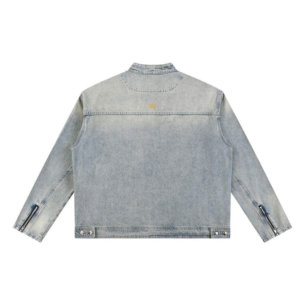 NO NOISE™ Sans Bruit moto denim jacket in vintage wash — back view