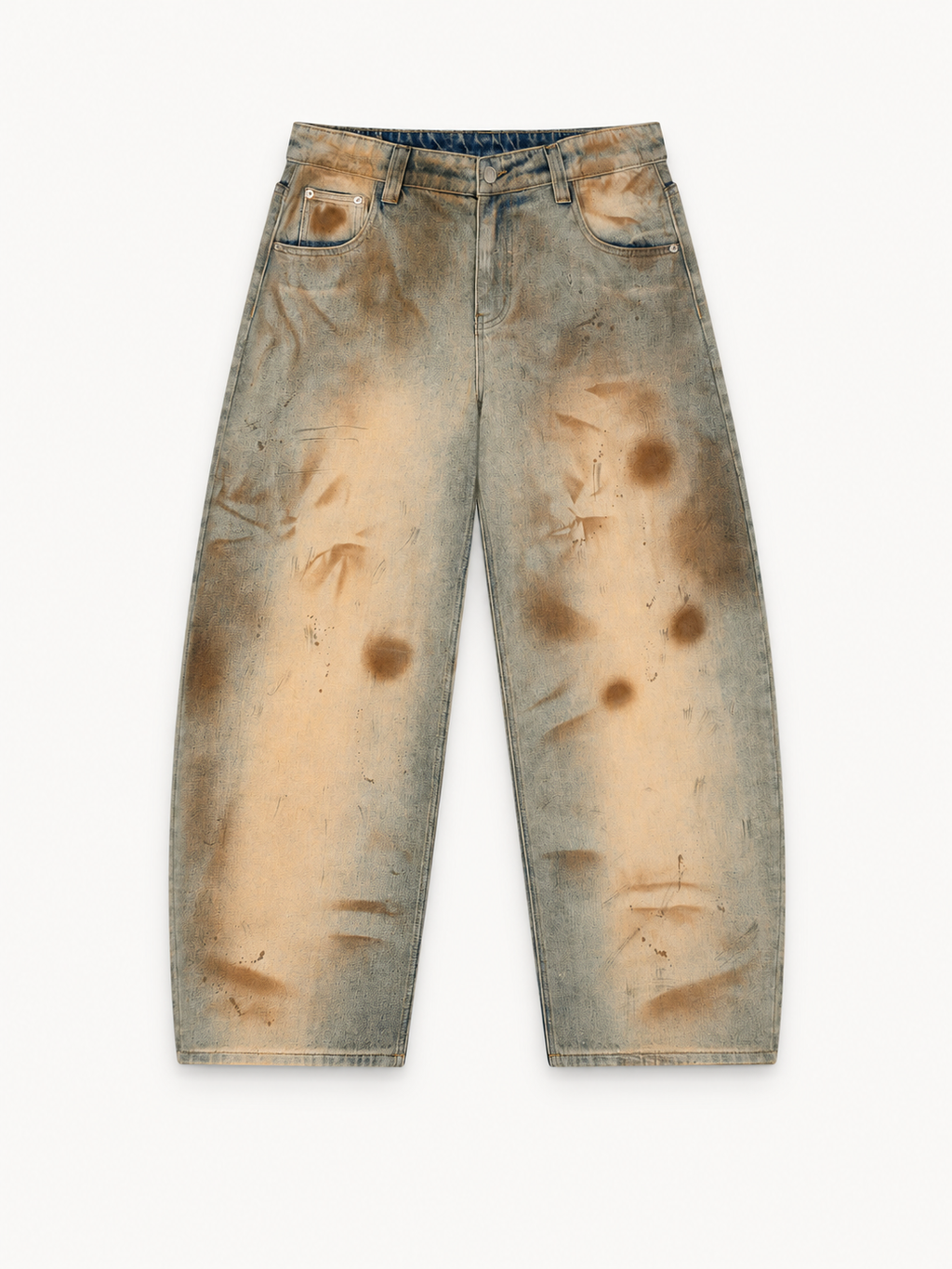 NO NOISE Patina Wide-Leg Jeans — Aged Sand, front view showing mottled aged wash, curved legs and five-pocket construction.