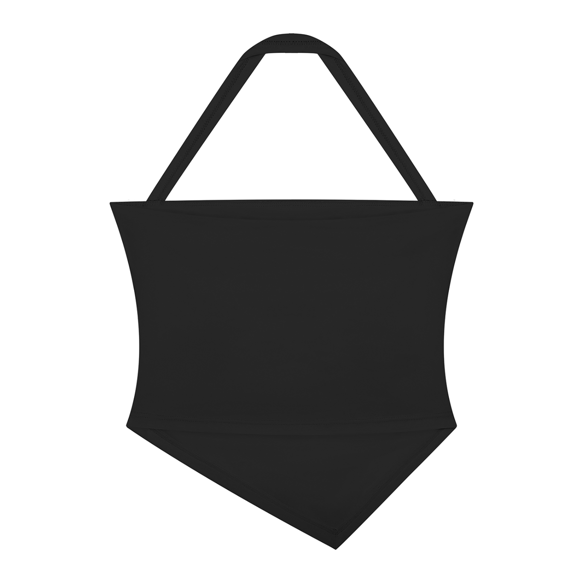 Black halter tank, back view, showing the halter strap and pointed hem pictured in the gallery.