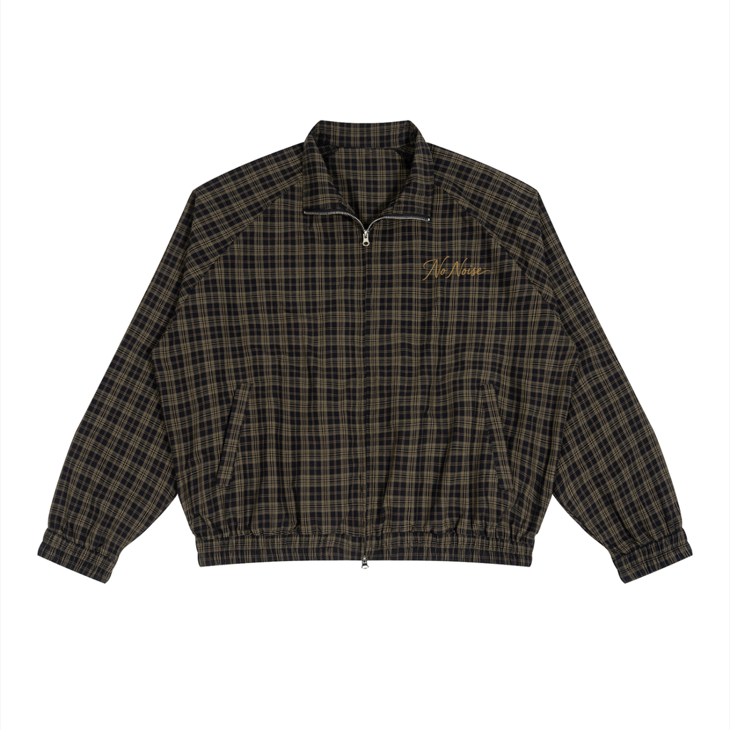 Plaid full-zip track jacket in Black Plaid, front view, showing the collar, zipper and long sleeves.