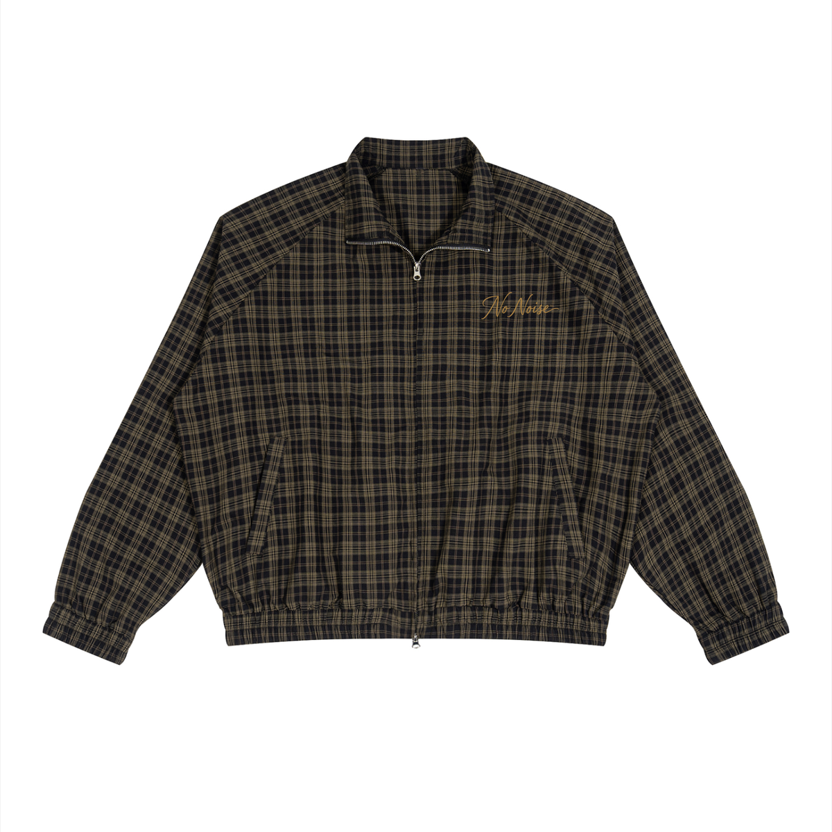 Plaid full-zip track jacket in Black Plaid, front view, showing the collar, zipper and long sleeves.