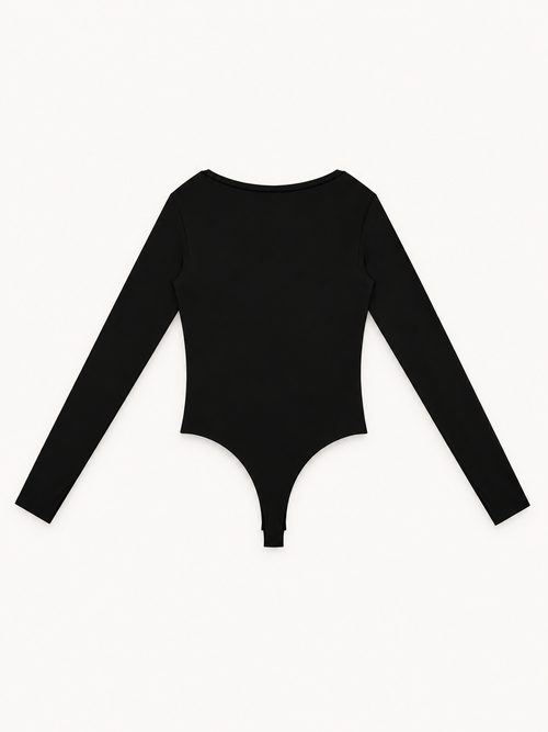 NO NOISE™ Foundation Bodysuit — Obsidian in obsidian black — ribbed stretch cotton-blend, fitted fit — back view