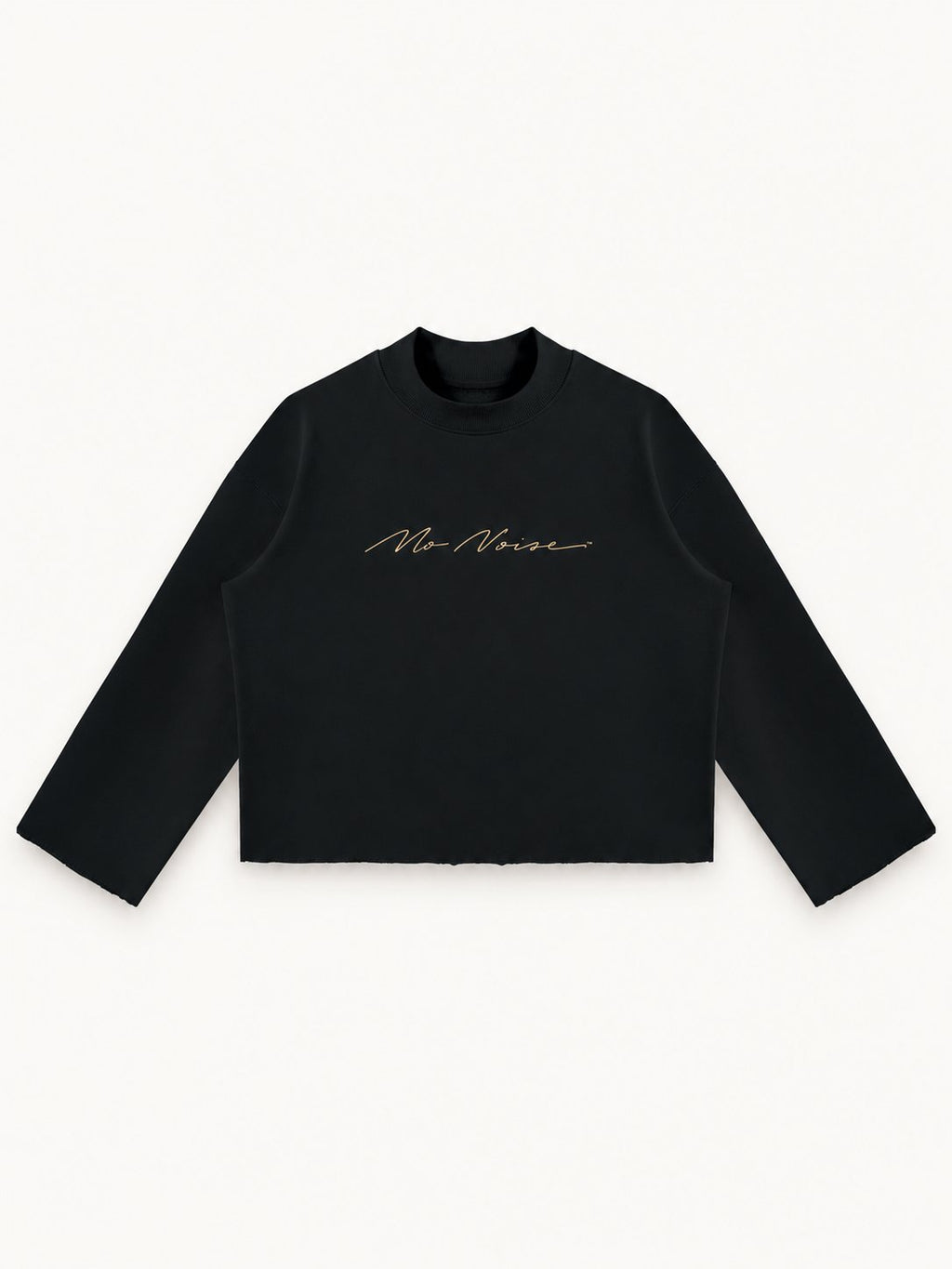 Midnight black Signature Crew Mock Neck laid flat from the front, showing wide sleeves and raw hem.