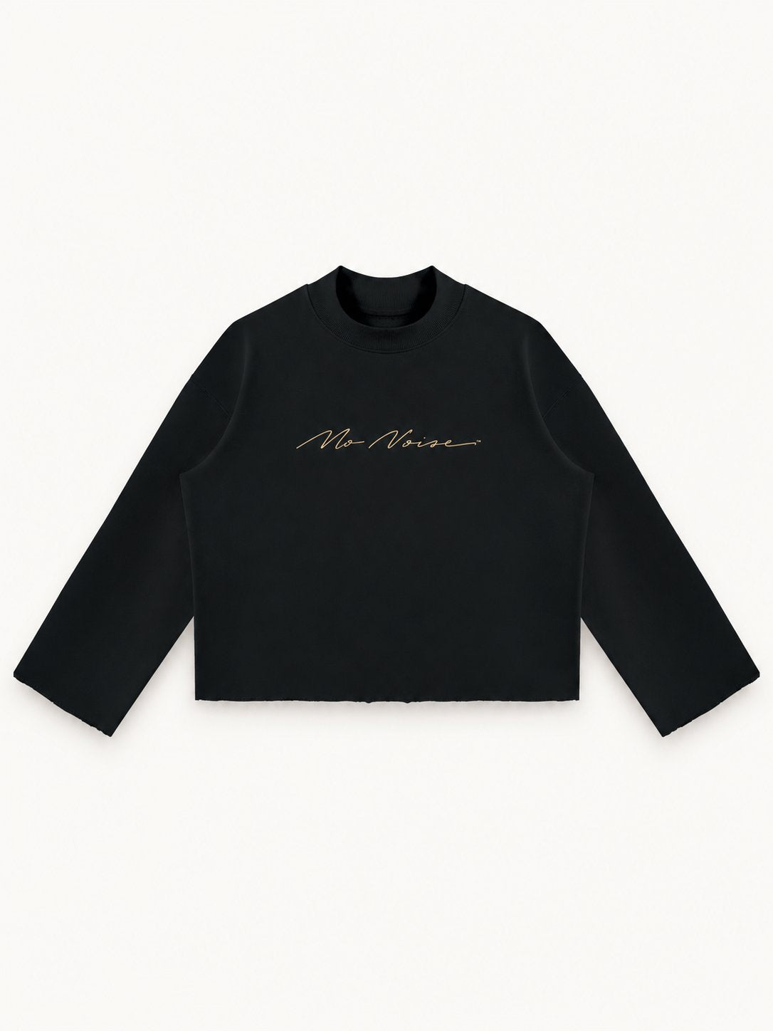 Midnight black Signature Crew Mock Neck laid flat from the front, showing wide sleeves and raw hem.