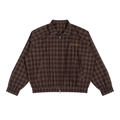 Plaid full-zip track jacket in Red Plaid, front view, showing the collar, zipper and long sleeves.