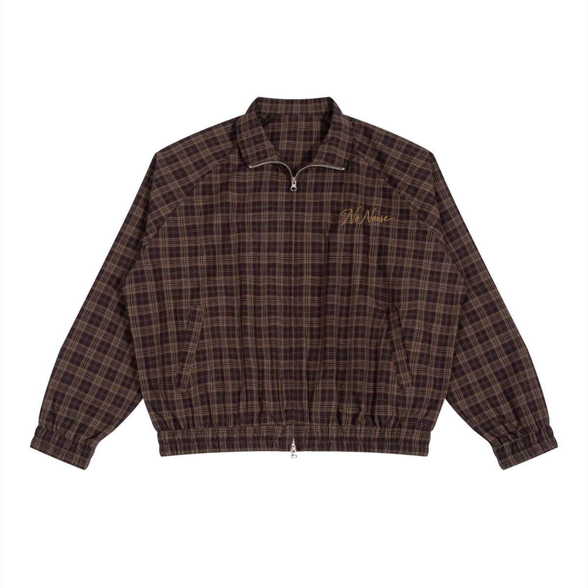 Plaid full-zip track jacket in Red Plaid, front view, showing the collar, zipper and long sleeves.