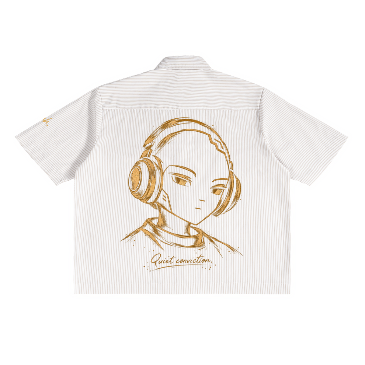 Quiet Conviction boxy shirt in Apricot White, back view, showing gold-tone headphone portrait artwork and Quiet conviction lettering.