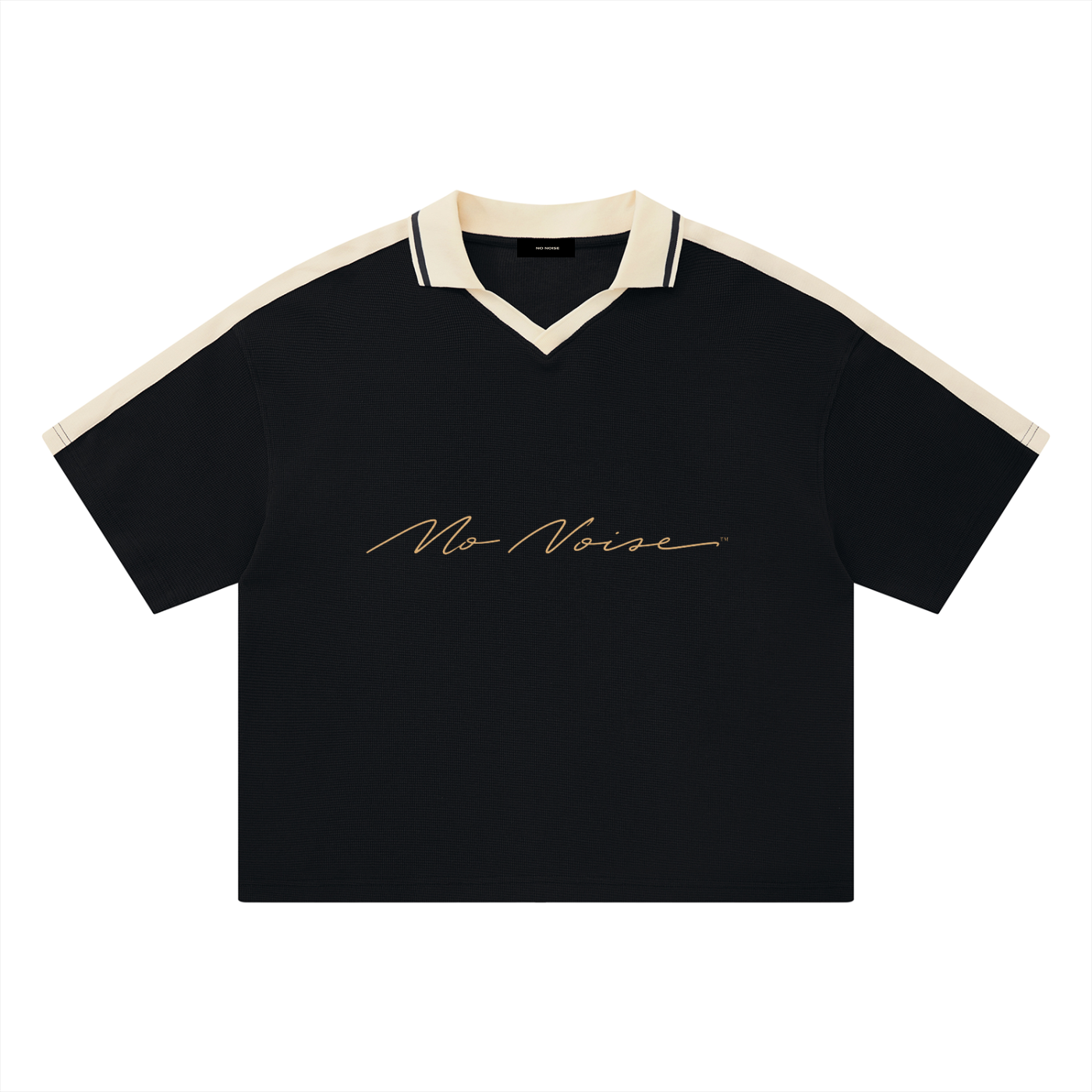 NO NOISE™ Chapter 001 Paris Unisex Color Block Polo Shirt — Black/Cream, front view, drop-shoulder silhouette