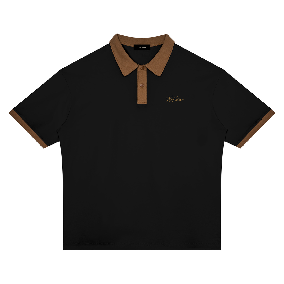 NO NOISE Silent Standard Contrast Polo, black with brown collar, two-button placket and sleeve trim, front view.