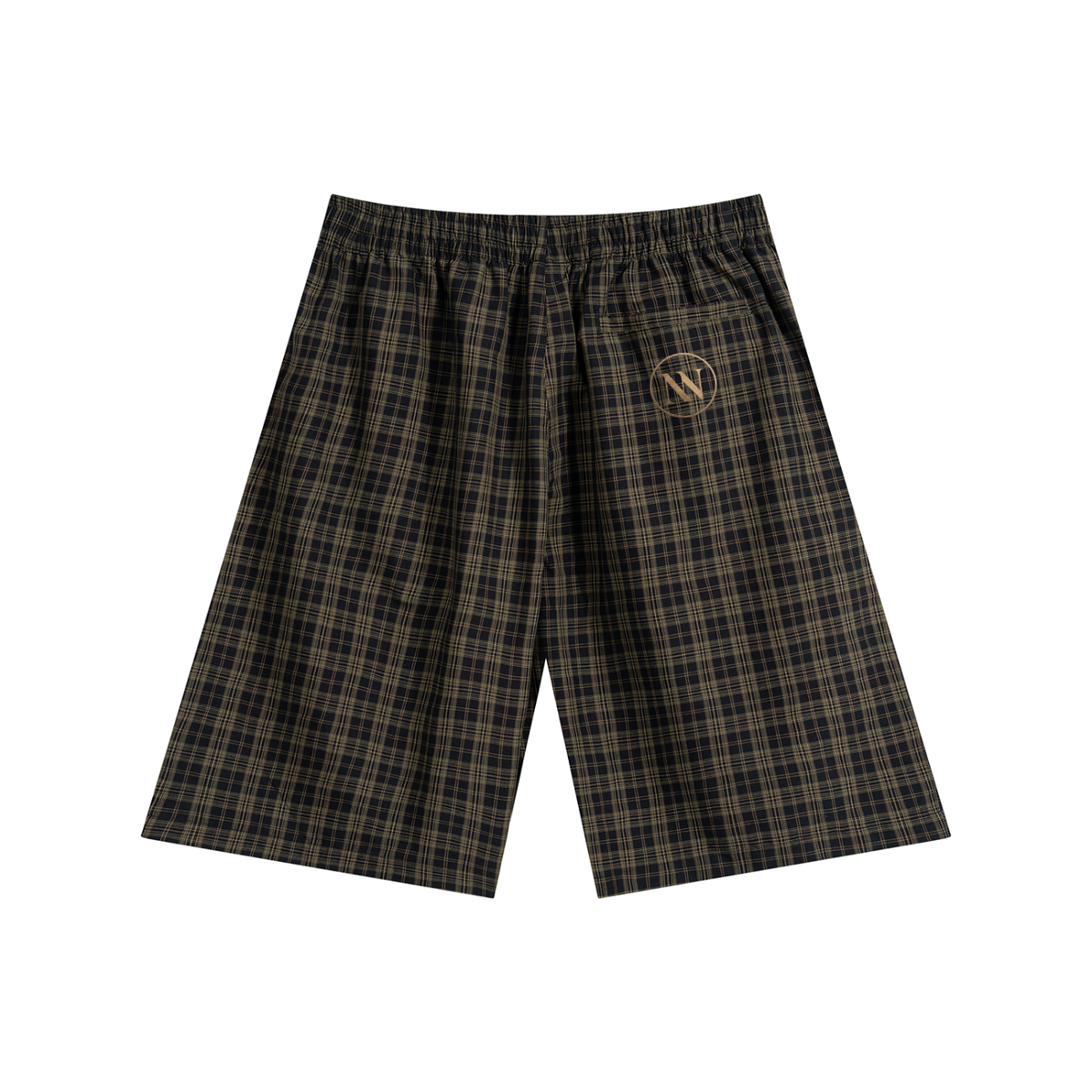 Wide-leg plaid shorts in Black Plaid, back view, showing the elastic waist and straight hems.