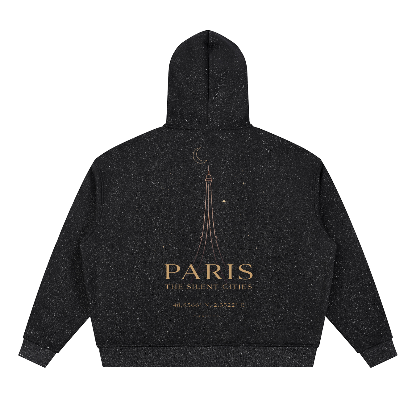 NO NOISE™ Midnight In Paris Zip Hoodie in Black featuring hood and zip detail, close-up view.