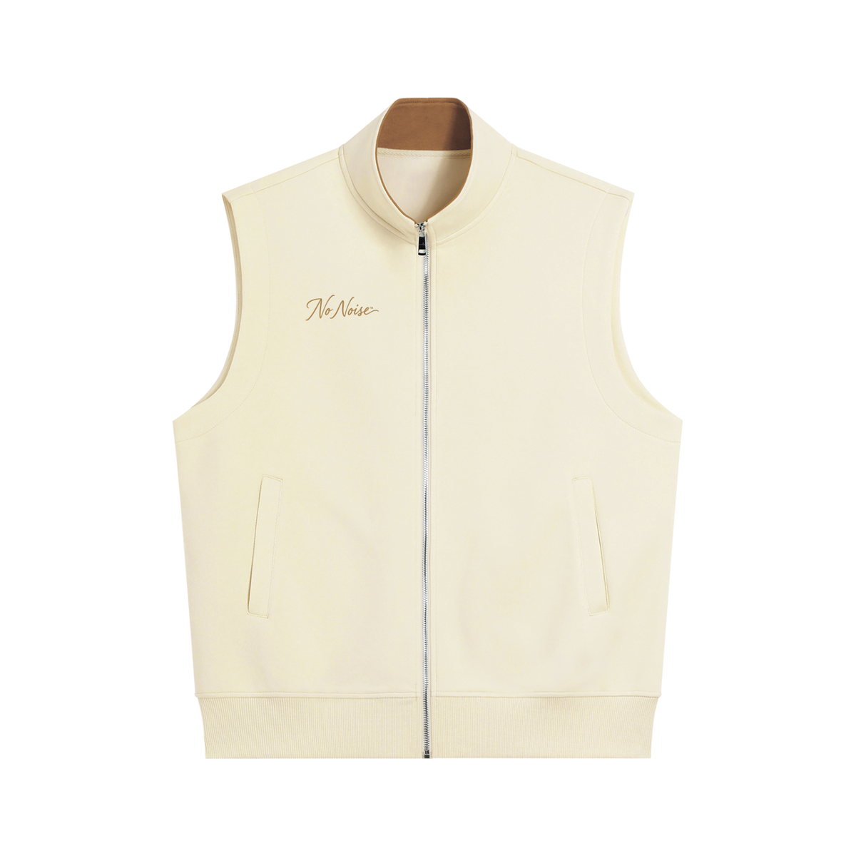 NO NOISE Essential Vest — Apricot, front view showing stand collar, zipper, pockets and gold chest script.