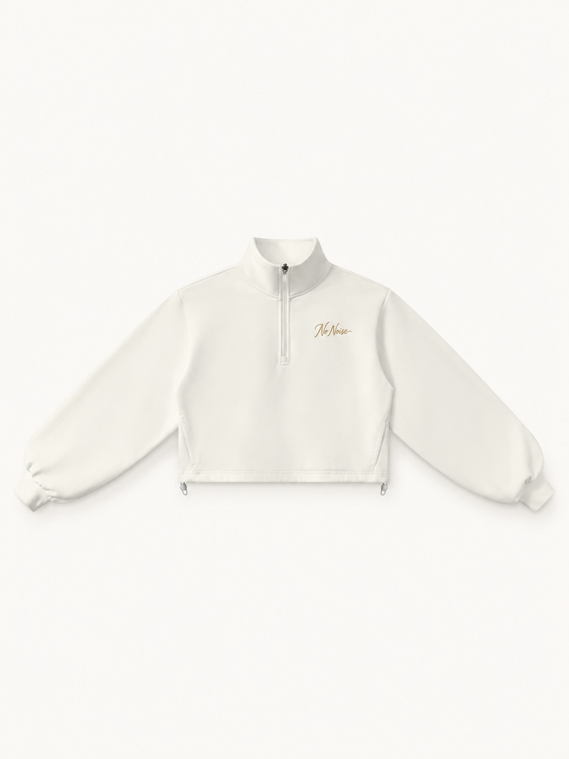 NO NOISE Signature HER — Mock-Neck Quarter-Zip Sweatshirt, cream, front view showing quarter zipper, mock neck and broad sleeves.