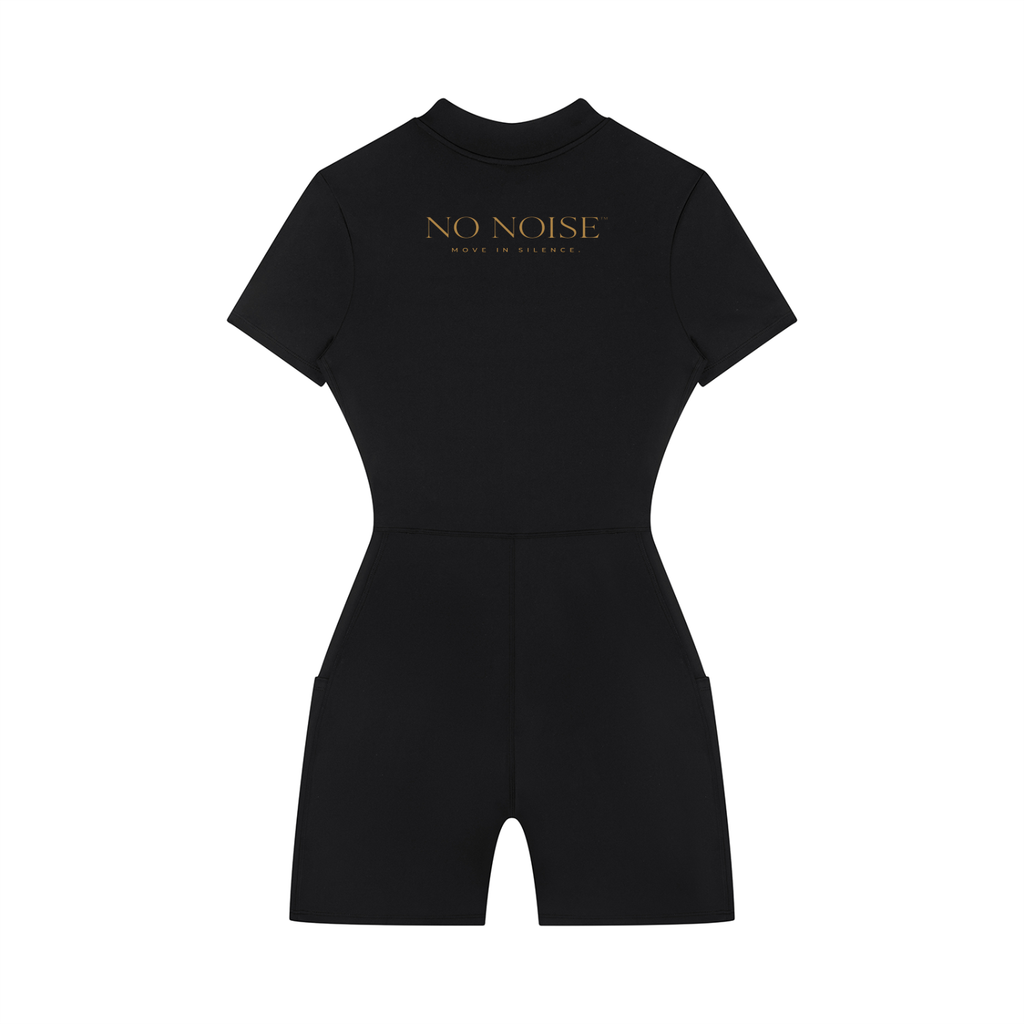 NO NOISE™ Motion Quarter-Zip Short Sleeve in black — performance stretch knit, athletic fit — back view