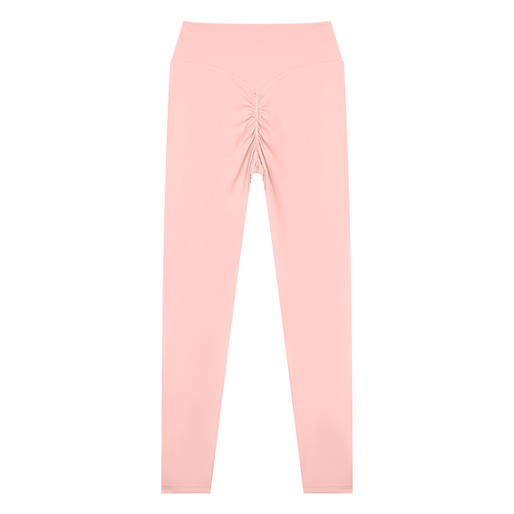 NO NOISE Poise High-Rise Leggings — Petal, pink, back flat view showing ruched center seam.