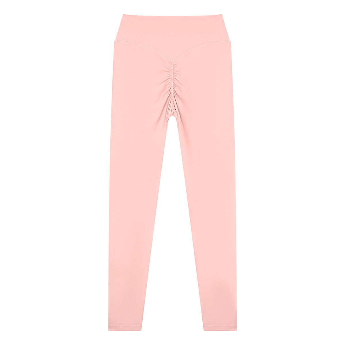 NO NOISE Poise High-Rise Leggings — Petal, pink, back flat view showing ruched center seam.