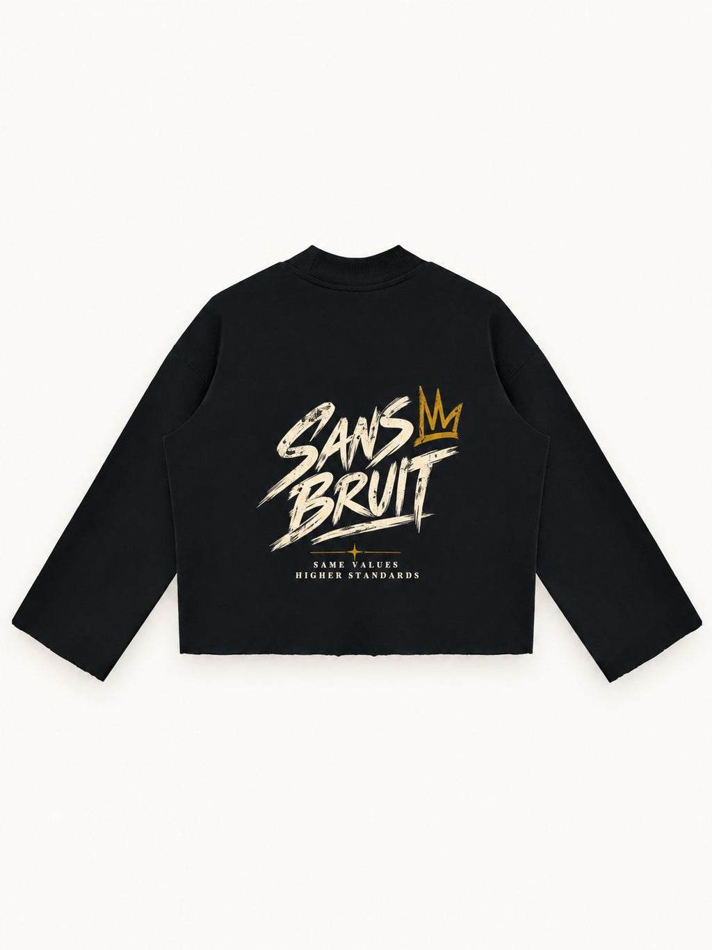 Midnight black Signature Crew Mock Neck laid flat from the back, showing gold and cream SANS BRUIT artwork.