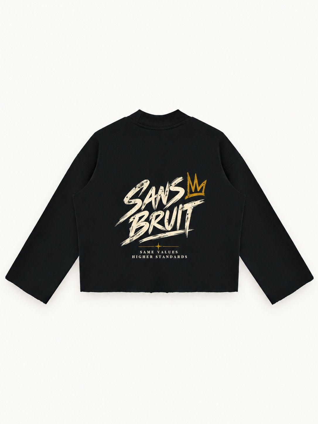 Midnight black Signature Crew Mock Neck laid flat from the back, showing gold and cream SANS BRUIT artwork.
