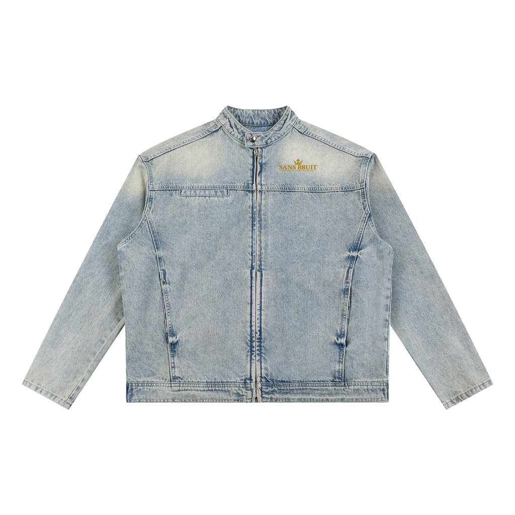 NO NOISE™ Sans Bruit moto denim jacket in vintage wash — front view