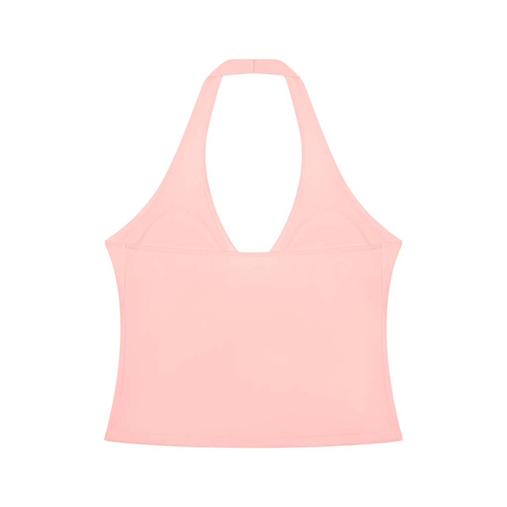 NO NOISE Muse Ruched Halter Top — Petal, pink, back view showing halter strap and straight back.