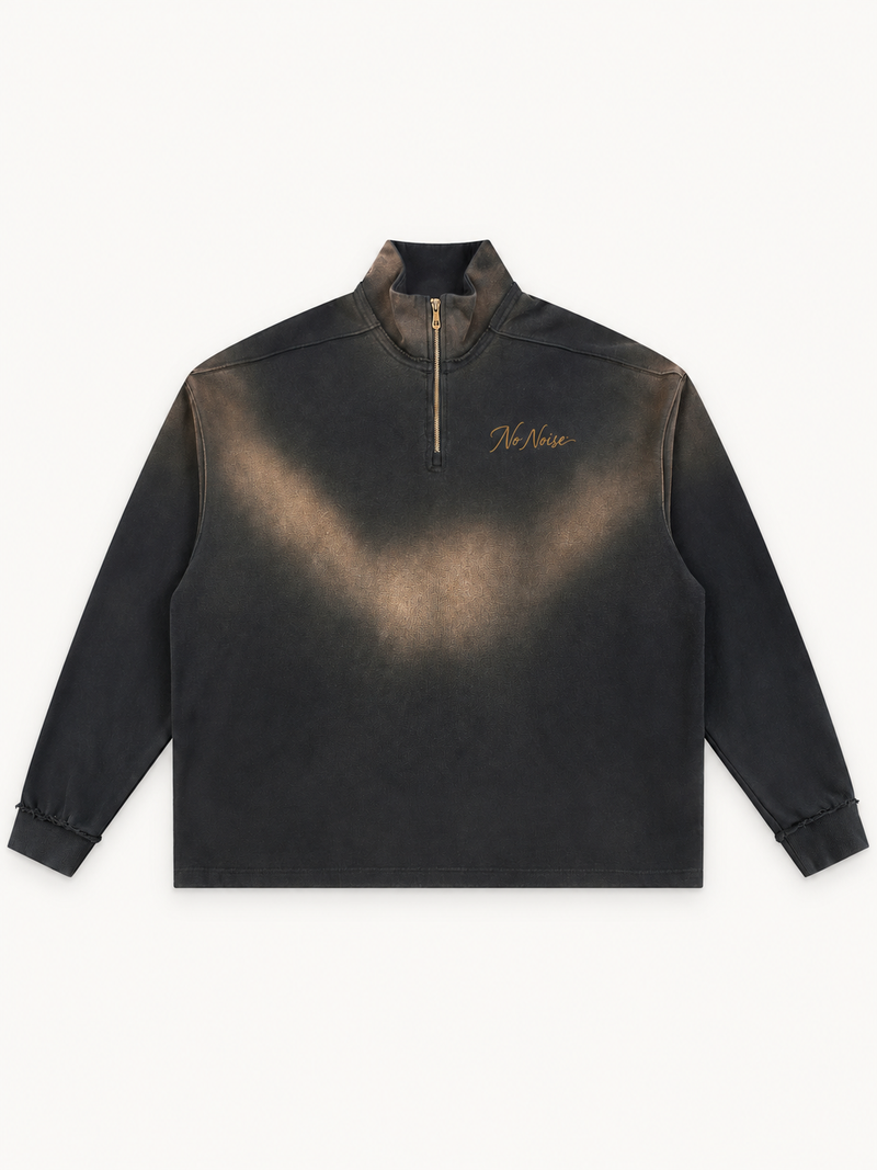 NO NOISE Quiet Standard Quarter-Zip — Washed Black, front view showing short zipper, faded chest and gold script.