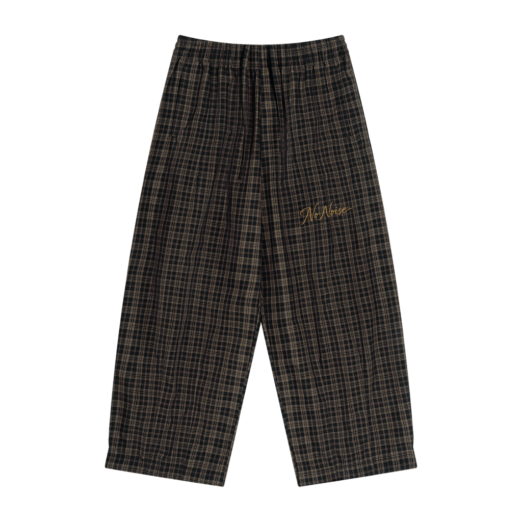 Wide-leg plaid pants in Black Plaid, front view, showing the elastic waist and straight hems.