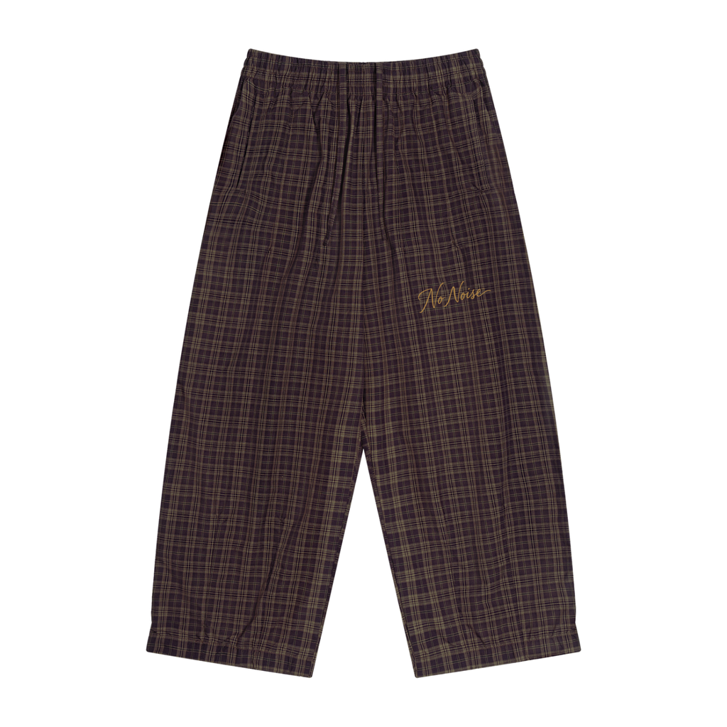 Wide-leg plaid pants in Red Plaid, front view, showing the elastic waist and straight hems.