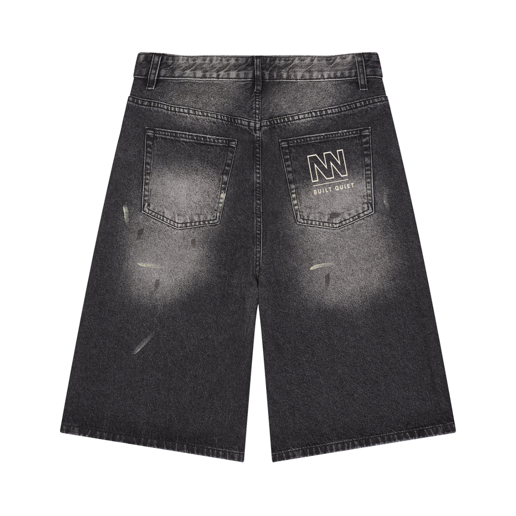 NO NOISE™ Vintage Wash Wide Leg Denim Shorts — Black, flat lay