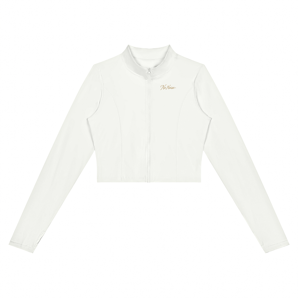 NO NOISE Form Cropped Jacket in Chalk, front view showing stand collar, tonal zipper, curved panels and gold chest script.