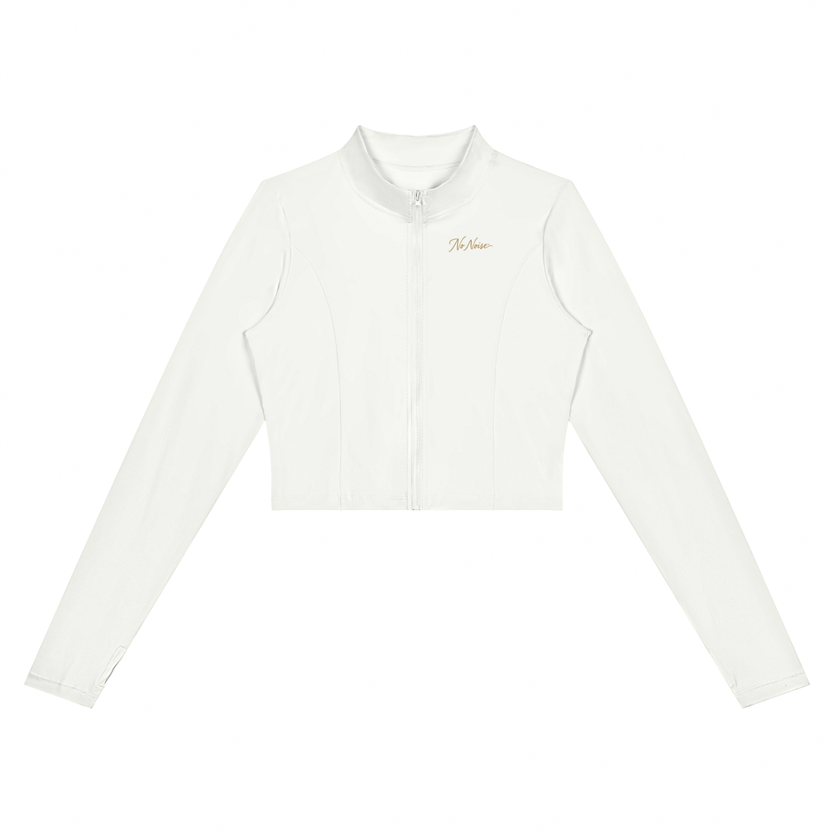 NO NOISE Form Cropped Jacket in Chalk, front view showing stand collar, tonal zipper, curved panels and gold chest script.