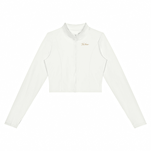 NO NOISE Form Cropped Jacket in Chalk, front view showing stand collar, tonal zipper, curved panels and gold chest script.