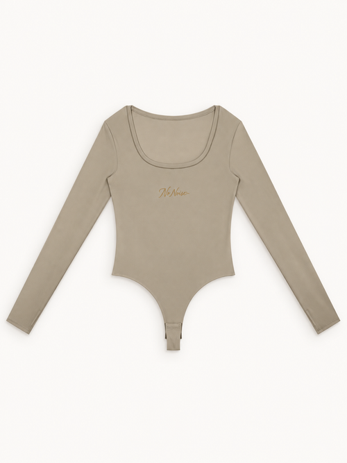NO NOISE™ Foundation Bodysuit — Stone in stone — ribbed stretch cotton-blend, fitted fit — front view