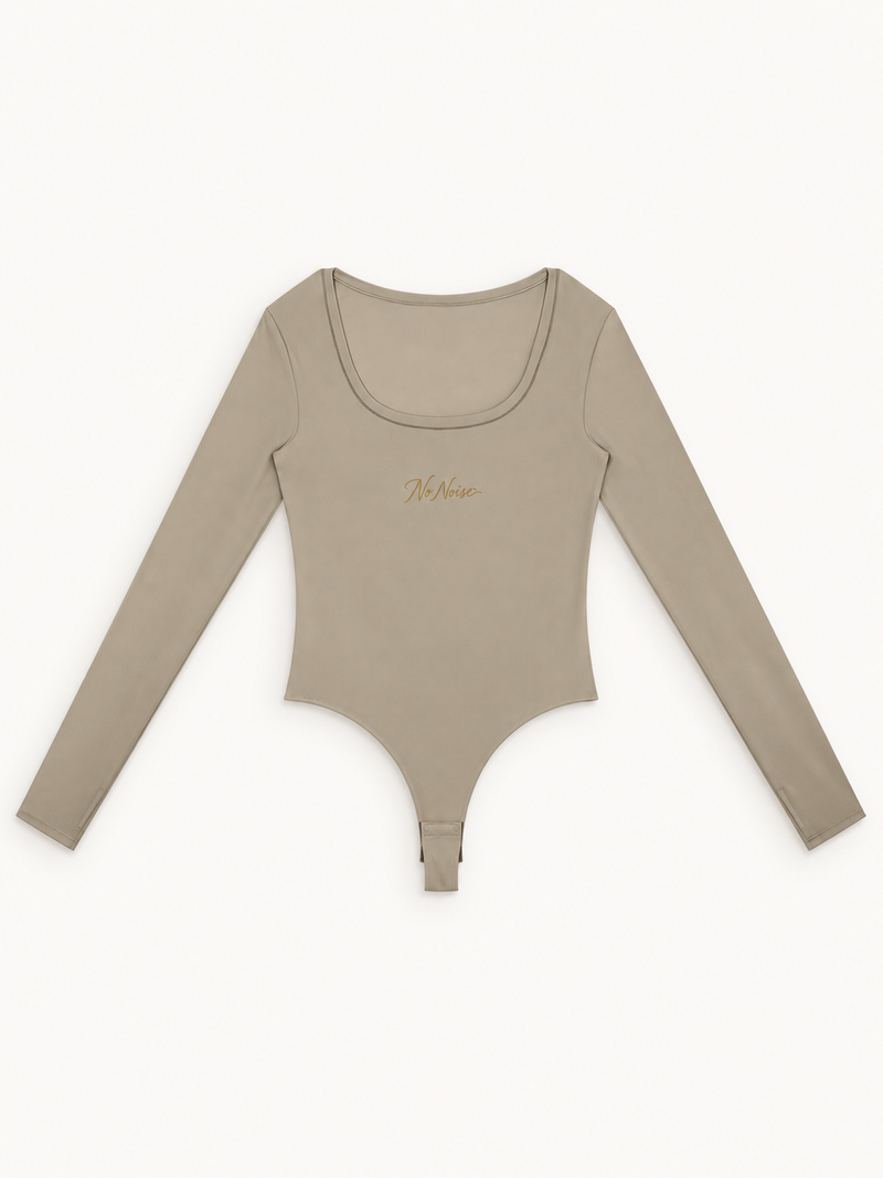 NO NOISE™ Foundation Bodysuit — Stone in stone — ribbed stretch cotton-blend, fitted fit — front view
