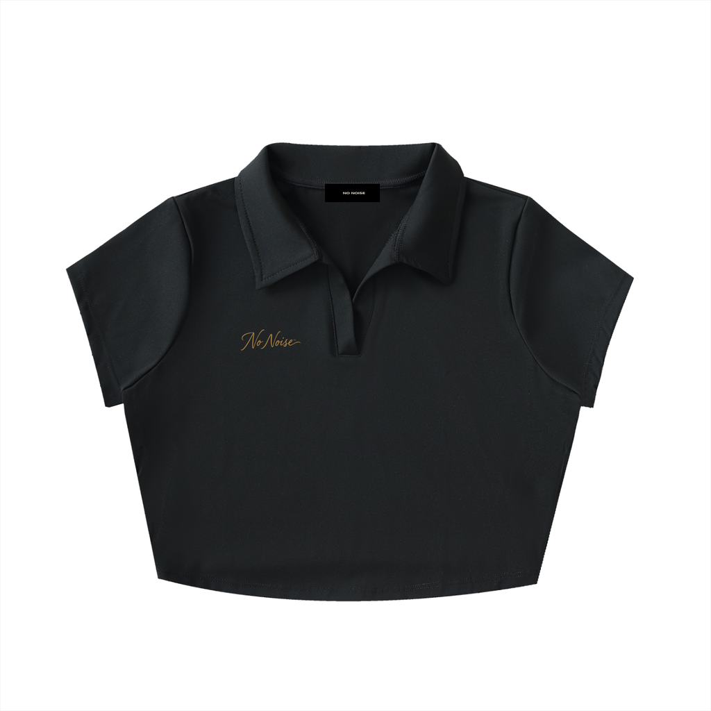 NO NOISE Silent Code Cropped Polo, black, front view with a collar, short sleeves and gold chest script.