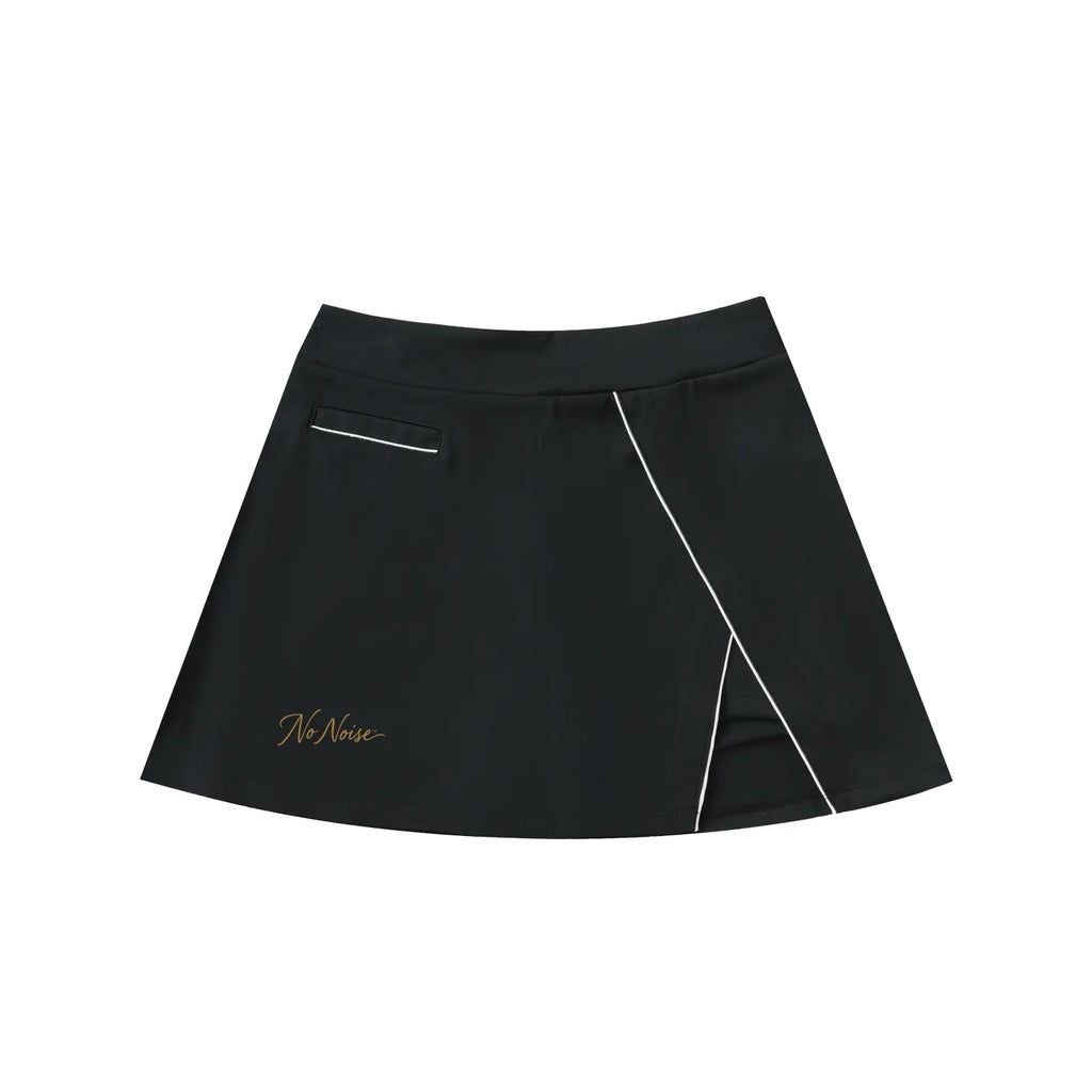 NO NOISE Silent Motion Skirt, black, front view with asymmetric wrap panel and gold script.
