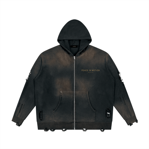 PEACE IN MOTION DISTRESSED ZIP HOODIE — NOIR